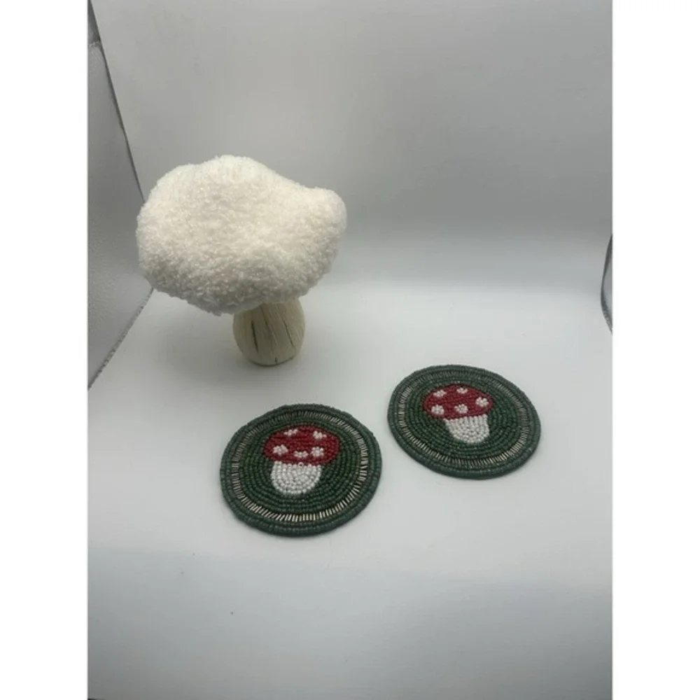 3-PC Pair Mushroom Themed Beaded Coasters‎ & Decorative Mushroom Table Decor